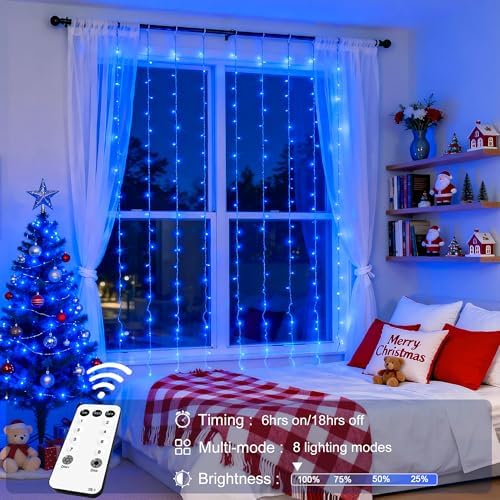 JMEXSUSS 300LED Blue Curtain Lights, 9.8x9.8ft String Lights Indoor Outdoor