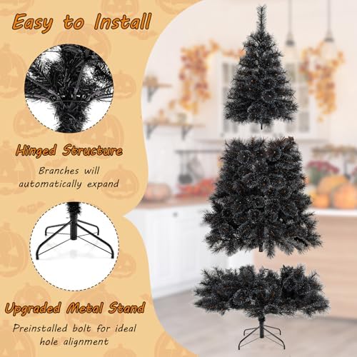 HAPPYGRILL 7 FT Pre-lit Black Christmas Tree, Artificial Halloween Tree w/572 Branch Tips, Frosted Pine Needles, 320 White LED Lights, Folding Metal Stand & Gloves, Hinged Xmas Tree for Carnival