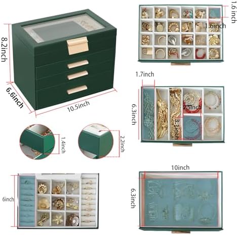 BOOVO Jewelry Boxes for Women, White and Black 6 Layer Large Jewelry Box for Necklace, Bracelet, Earrings, Rings Storage, Jewelry holder Organizer for Girls Gift (Dark Green, 4 layer)