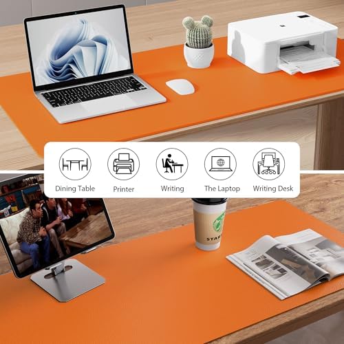 Aothia Faux Leather Desk Mat - Non-Slip PU Leather Desk Blotter, Waterproof Writing Surface, Large Desk Pad for Office & Home (Hermes Orange, 55" x 24")