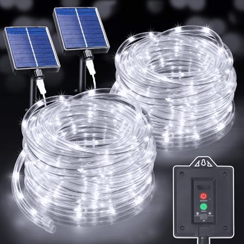 KNONEW Solar Rope Lights Outdoor 2 Packs Total 600LED 100FT Solar String Light Outside Waterproof with 8 Modes Clear Thin Tube for Pool Patio Garden Fence Camping Yard Deck Trampoline（Cool White）