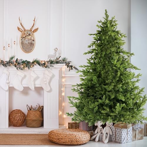 Fraser Hill Farm 9-Ft. Woodside Pine Artificial Christmas Tree with Stand and No Lights, Unlit Foldable Fake Christmas Tree with Realistic Foliage for Home Decoration