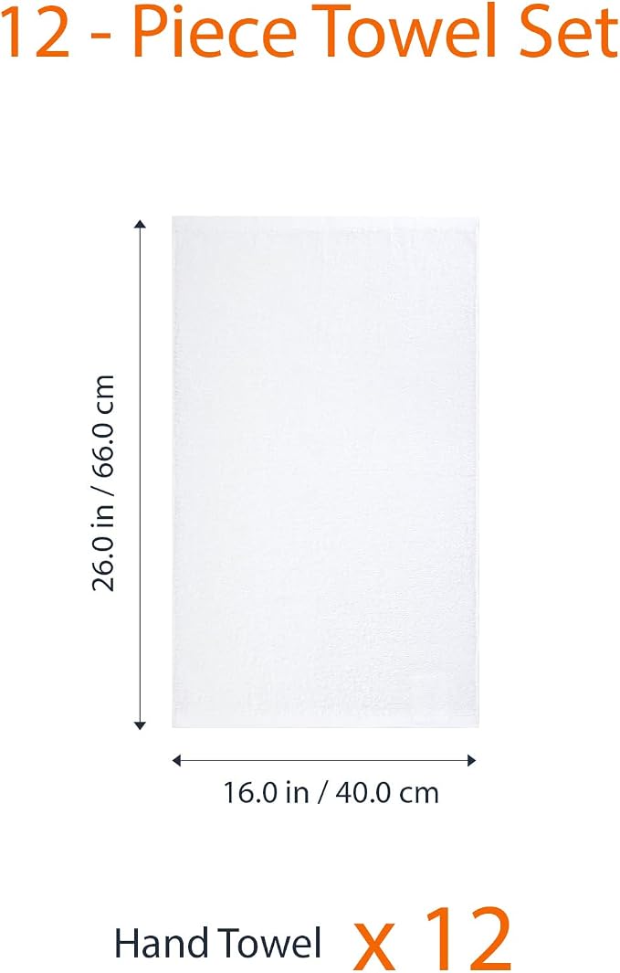 Amazon Basics Soft and Thick Cotton Hand Towels for Bath, Kitchen, Gym, 16 x 26 in, White, 12-Pack