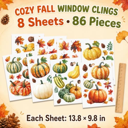 8 Sheets Fall Pumpkin Window Clings, Autumn Window Stickers Decorations
