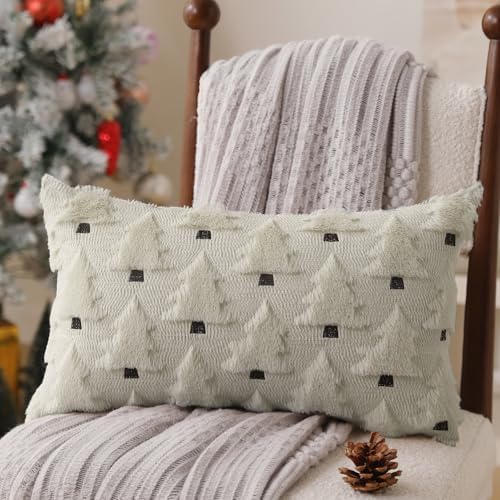 Allorry Christmas Pillow Covers 12x20 inch Set of 2 Christmas Decorations Soft Plush Faux Fur Wool Cream White Christmas Tree Throw Pillow Cases Winter Holiday Decor for Sofa Living Room PT-002D12