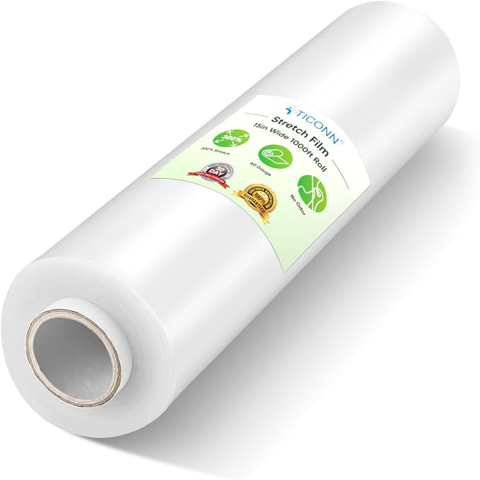 TICONN 1Pk Stretch Wrap Stretch Film Roll, 1000ft Industrial Strength 15 inch Wide Clear Plastic Wrap for Pallet Wrapping Shipping Moving (No Handles)