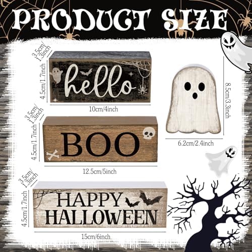 Lineshading 4 Pcs Halloween Table Decor for Home Wooden Ghost Block Signs