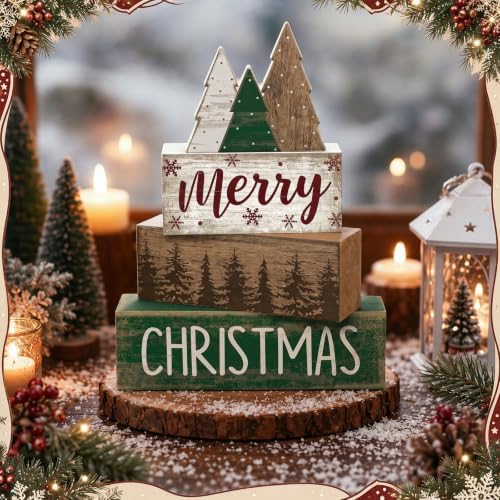 Lineshading 4 Pcs Christmas Table Decor Retro Christmas Tree Centerpiece with Buffalo Plaid Pattern Winter Tiered Tray Decor Rustic Wooden Pine Tree Xmas Decoration for Home Shelf Party Kitchen