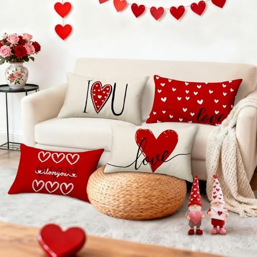 Valentines Day Decorations-Valentine Pillow Covers 12x20 Set of 4, Red Hearts I Love You Happy Valentine's Day Throw Outdoor Pillow Covers Anniversary Wedding Cushion Case for Home Sofa Couch Decor