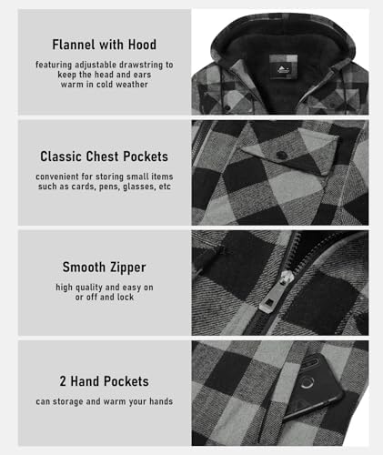 GEEK LIGHTING Men's Flannel Shirts Jacket Sherpa Lined Plaid Zipper Hoodie