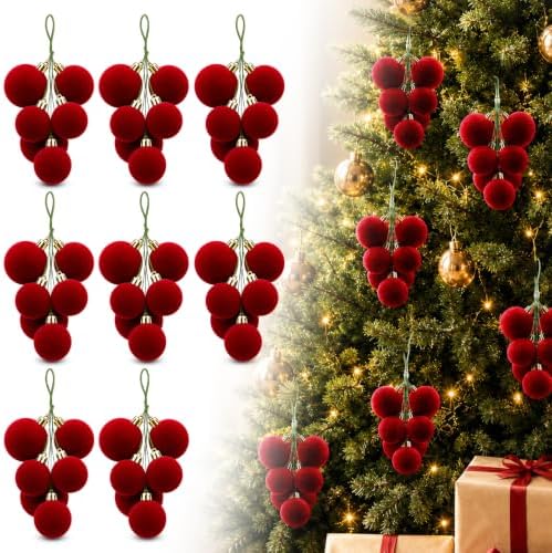 Roowest 8 Sets Large Red Velvet Christmas Ball Clusters Ornaments Decor