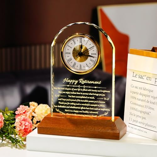 YWHL Retirement Clock Gifts for Women Men with Wooden Light Base, Happy Retirement Glass Plaque for Coworkers Boss, Going Away Retired Gifts for Friends, Farewell Goodbye Presents Ideas