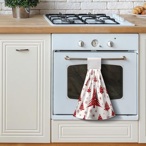 Merry Christmas Kitchen Hanging Towels Red Xmas Tree Hand Towels with Hanging Loop Fast Drying Hanging Towel Oven Stove Dish Washcloth Soft Absorbent Fingertip Bath Tie Towel Set of 2
