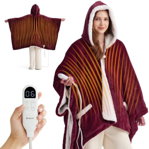 Bedsure Wearable Heated Blanket Hoodie Shawl, Preheat, 55"x64", Burgundy