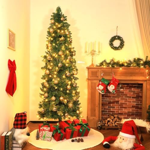 31 Pcs 6 Ft Artificial Slim Christmas Tree with 200 LED Warm White String Lights 30 Gold Ball Ornaments Skinny Thin Pencil Tree with Metal Stand for Home Xmas Holiday Party Decoration