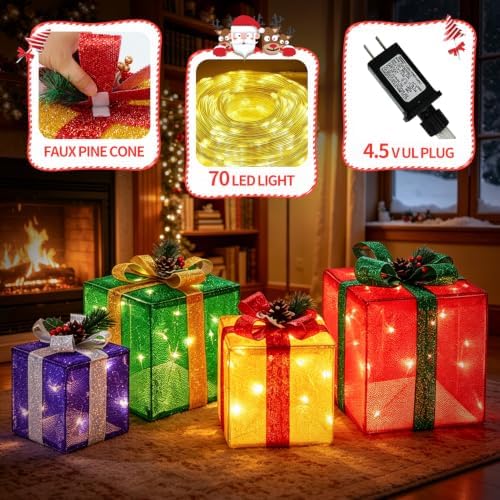 Set of 4 Christmas Lighted Gift Boxes, 70 LED Lights Present Box