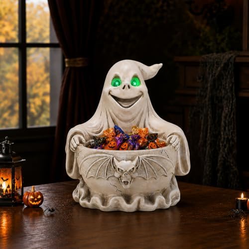Halloween Ghost Candy Bowl with Glowing Eyes, Batteries Included
