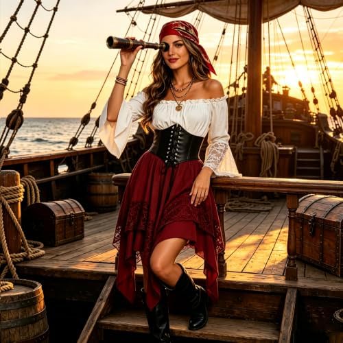 Women Pirate Costume Renaissance Medieval Outfit Halloween Top Skirt Set