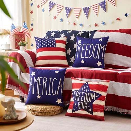 4th of July Pillow Covers 20x20 Inch,Set of 4 Patriotic Red White Blue Summer Outdoor Throw Pillow Covers,Independence Memorial Day USA Flag Linen Fourth of July Cushion Case for Sofa Couch Decor