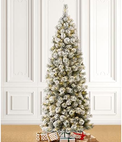 Glitzhome 7.5ft Prelit Christmas Tree, Artificial Christmas Tree with 350 Warm White Lights, Flocked Pencil Christmas Tree and Foldable Metal Stand for Home, Office, Party Decoration, Easy Assembly