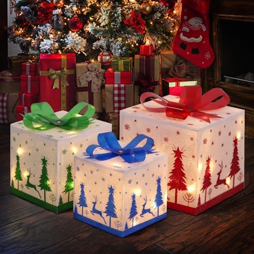 DomKom Set of 3 Lighted Gift Boxes, 60 LED Light Up Nesting Boxes with Metal Frame, Reindeer & Snowflake Design for Xmas Tree Party Indoor Outdoor Holiday Decorations