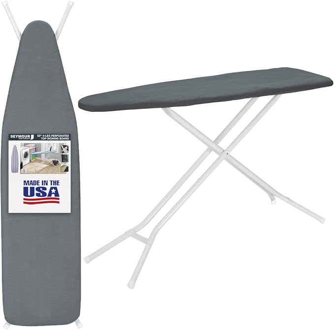 Full Size Ironing Board Made in USA – Dark Grey by Seymour Home Products 4 Heavy-Duty Steel Legs Perforated Top for Steam Includes Cover & Pad Sturdy, Foldable Iron Board for Home & Laundry