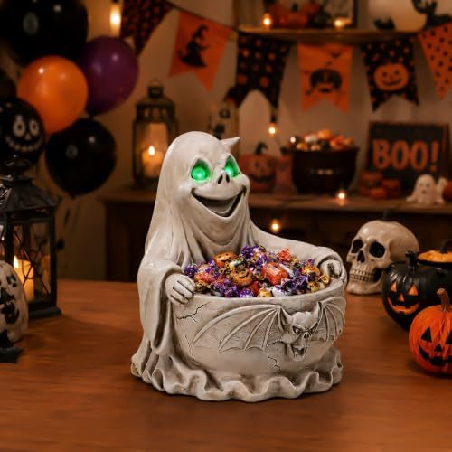 Halloween Ghost Candy Bowl with Glowing Eyes, Batteries Included
