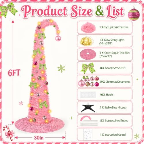 6FT Whimsical Pop-Up Christmas Tree with Lights 30” Tree Skirt, Pink