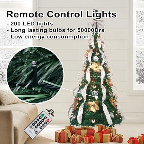 6.5FT Pop Up Christmas Tree Pre-Decorated with LED Lights Instant Setup Foldable Xmas Tree for Indoor&Outdoor All-Weather Remote Control
