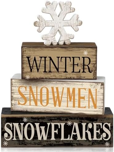 Moucuny 4 Pcs Wooden Block Signs Winter Tiered Tray Decor Farmhouse