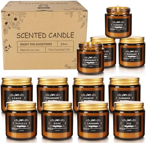 Scented Candle Set 12 Pack, Candle for Home Scented, Odor Eliminating, Stress Relief, Long Lasting Soy Wax Gift Set