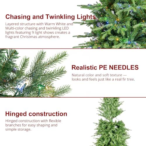 Glitzhome 11ft Prelit Artificial Christmas Tree, Pencil Christmas Tree Radiant Slim Evergreen with 4,205 Tips, 2,700 Warm White & Multi-Color Chasing and Twinkling Lights, 9 Light Modes, Easy Assembly