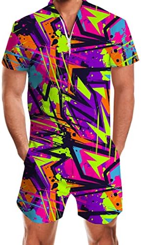 RAISEVERN Mens Romper Male Zipper Shorts Sleeve One Piece Bro Outfits