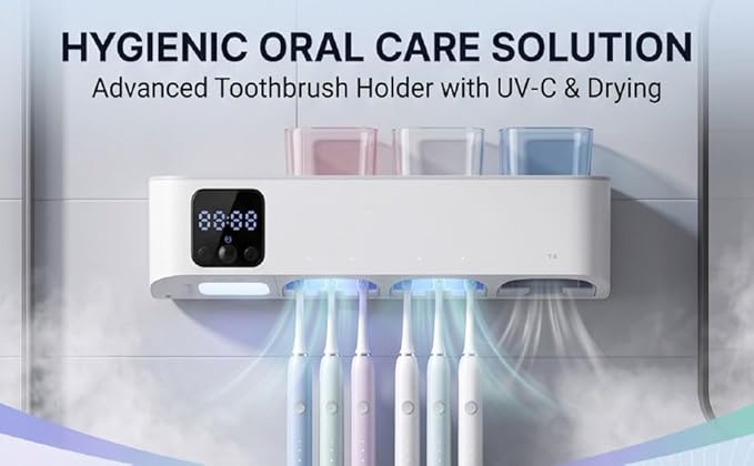 Pomya Toothbrush Sanitizer Holder Wall Mounted, Rechargeable Electric Toothbrush Holder with LED Display, UVC Cleaner and Dryer, 5 Slot Organizer with Cups for