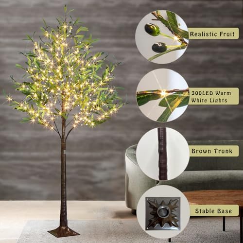 EAMBRITE Lighted Olive Tree Artificial Indoor, 6Ft Eucalyptus Tree with Fairy Lights, Light Up Artificial Plant Tree 300 LED Warm White for Christmas Halloween Room Wedding Outdoor Decorations
