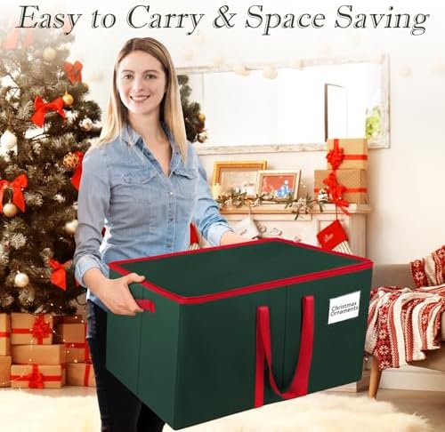 RoomHacks Christmas Ornament Storage Box, Store Up to 128 Ornaments, Christmas Storage Container, Dual Zipper & Adjustable, Large Organizer Bin to Protect and Store Holiday Ornaments (Green-2 Pack)