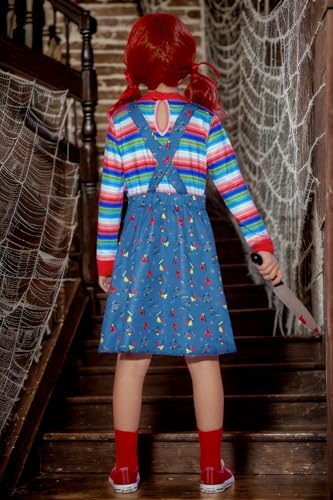 BesserBay Girl's 4PC Halloween Costume Horror Killer Dress Up Mock Two-Piece Blue Stripe 2-12 Years