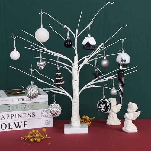 124Ct Black White and Silver Halloween Christmas Ornaments Set, Elegant Shatterproof Assorted Christmas Tree Decorations Snowflake Icicle House Ball Ornaments Baubles for Holiday (Black White Silver)