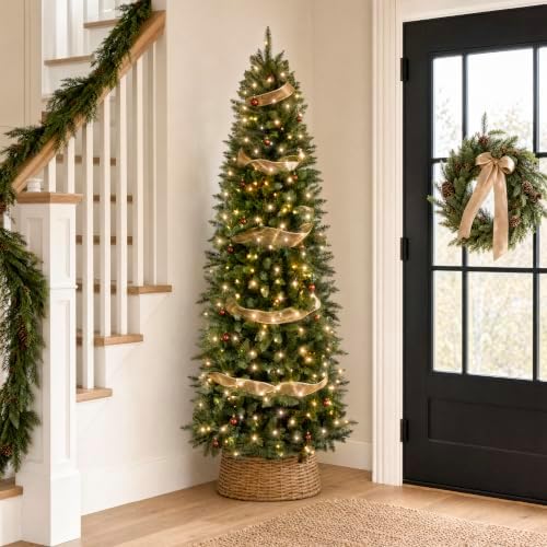 Best Choice Products Prelit Pencil Christmas Tree, 9ft Premium Artificial Tree, Realistic Lighted Spruce Holiday Decor w/Warm White Lights, Base