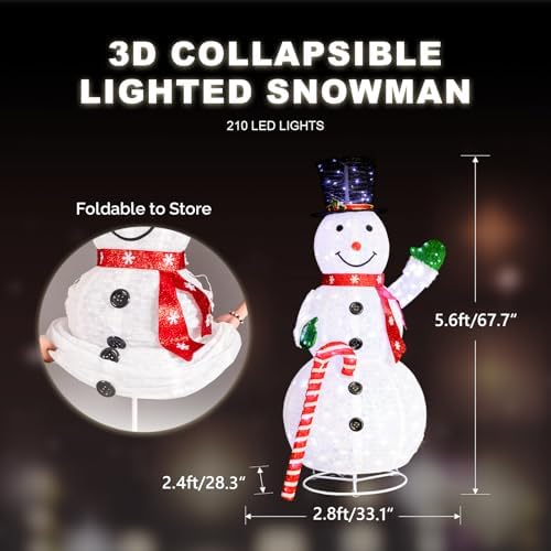 VINGLI 6FT Lighted Snowman Holding Candy Cane Christmas Yard Decorations, Prelit Pull Up Snowman with 210 White LED Lights, Outdoor Lighted Xmas Yard Decorations for Lawn Garden Porch Indoor Décor