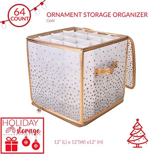 Simplify 64 Count Ornament Storage Box | Plastic | Decorative Organizer | Storage Bin | Gold | L12 x W12 x H12