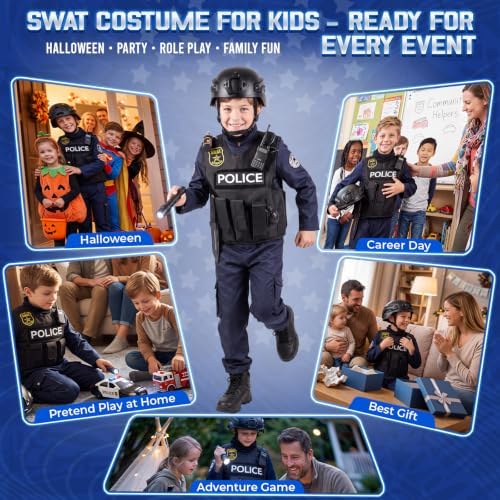 YADIYA Halloween SWAT Police Costume for Kids Boys Cop Costume Swat Vest