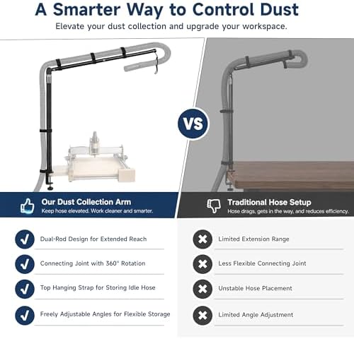 Dust collection boom arm, Adjustable Clamp Mount Hose Holder with 360° Rotatable Swivel Head & Two 40cm Extension Arms for CNC Lathe Woodworking Table Saw Router Table Dust Collection System