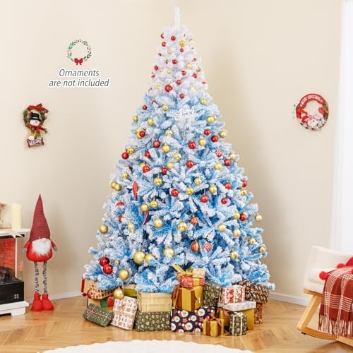 HAPPYGRILL 8 FT Flocked Christmas Tree Blue Hinged Xmas Tree with 1774 Branch Tips & Folding Metal Stand, Artificial Christmas Tree for Home Office Carnival