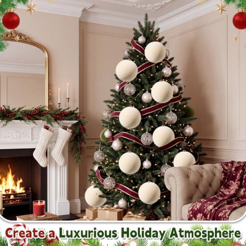Weysat 6 Pcs 8 Inch Giant Velvet Christmas Ball Ornaments, Cream White