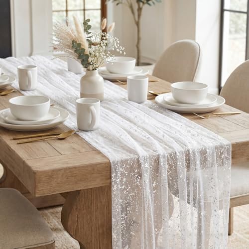 Artoid Mode White Silver Gauze Table Runner 59x120 Inch 10FT, Glitter Metallic Foil Sheer Dining Holiday Wedding Anniversary Birthday Table Decor for Home Party