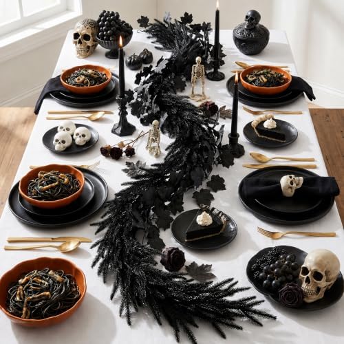 2 Pcs Black Norfolk Pine Maple Leaf Garland, Spooky Halloween Garland Set