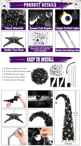 Black Halloween Tree with Eyeball String Lights for Christmas Decorations