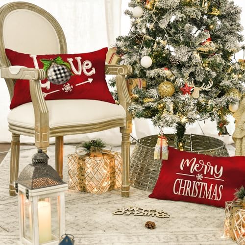 AVOIN colorlife Merry Christmas Tree Red Throw Pillow Covers, 12 x 20 Inch Xmas Tree Holiday Cushion Case Decoration for Sofa Couch Set of 4