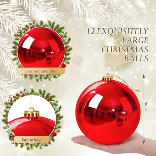 Jenaai 12 Pack Large Christmas Ball Ornaments Set, Big Shatterproof Christmas Tree Decorations, Matte, Glossy, Glitter Bauble for Xmas Holiday Party Indoor Outdoor(6 Inch,Red)